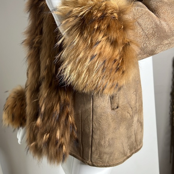 Natural Sz 6-8 Shearling with Real
Fox Fur Hidden Front Zipper Car Jacket Coat - Picture 9 of 16